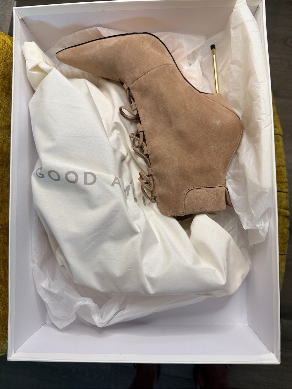 Good American Taupe Suede Lace-Up Stiletto Ankle Boot